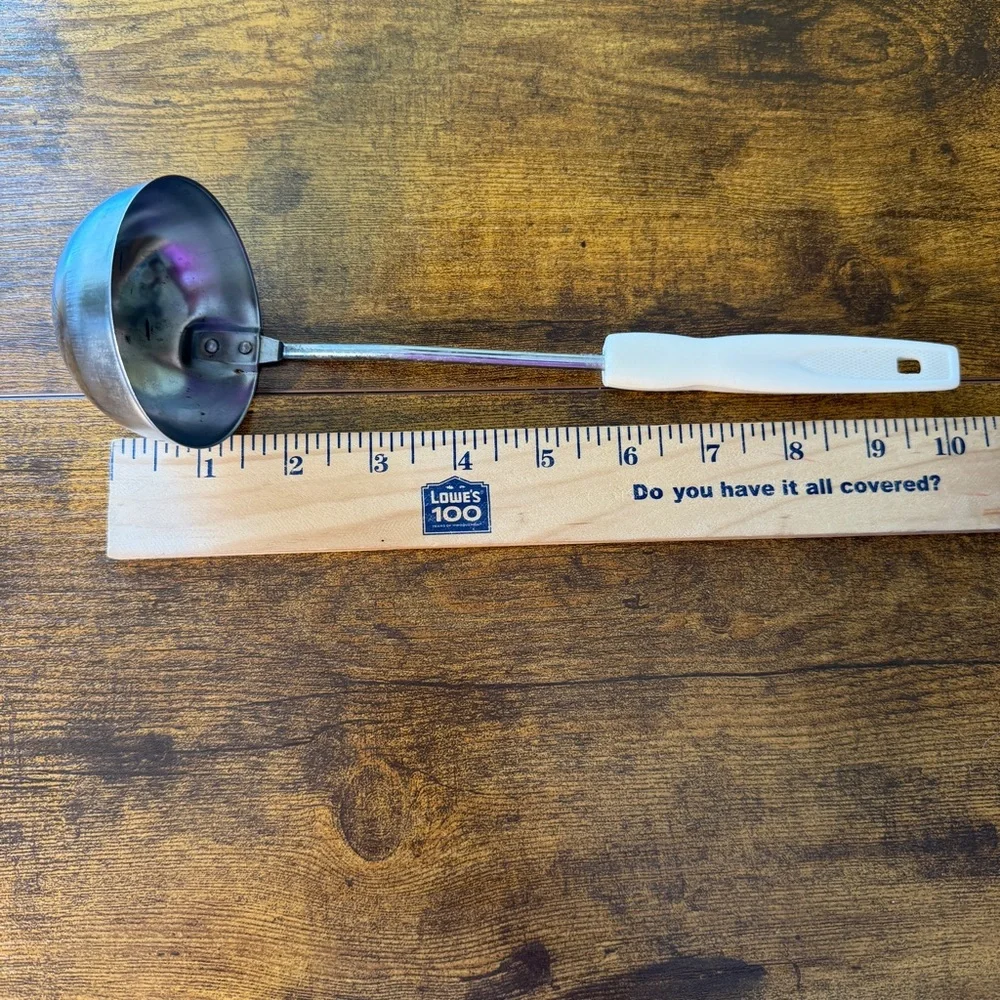 Vintage Ladle Stainless with White Plastic‎ Handle 10” X  3” Retro Serving Spoon